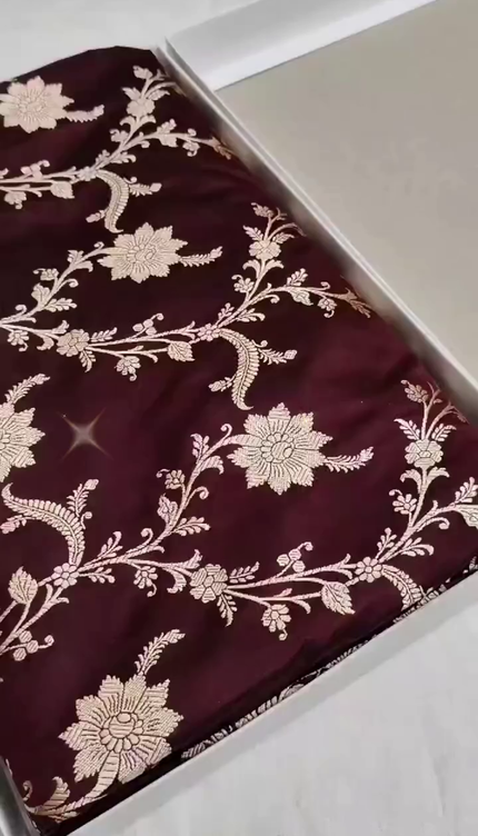 Dark Maroon Gold Zari Floral Banarasi Brocade Fabric