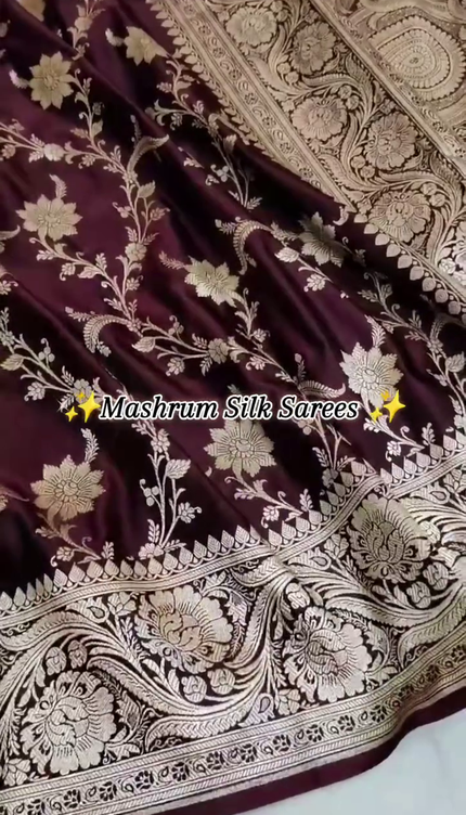 Dark Maroon Gold Zari Floral Banarasi Brocade Fabric