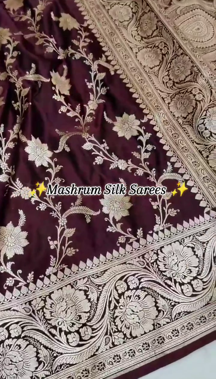 Dark Maroon Gold Zari Floral Banarasi Brocade Fabric