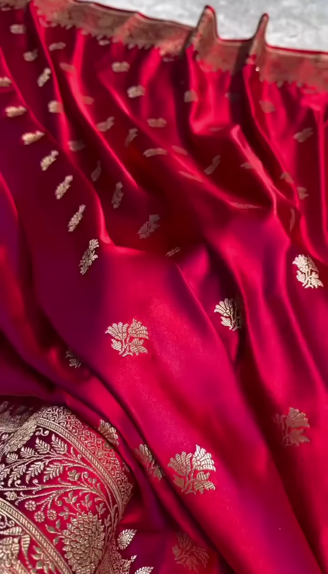 Luxury Red Gold Zari Banarasi Brocade Fabric with Rich Border