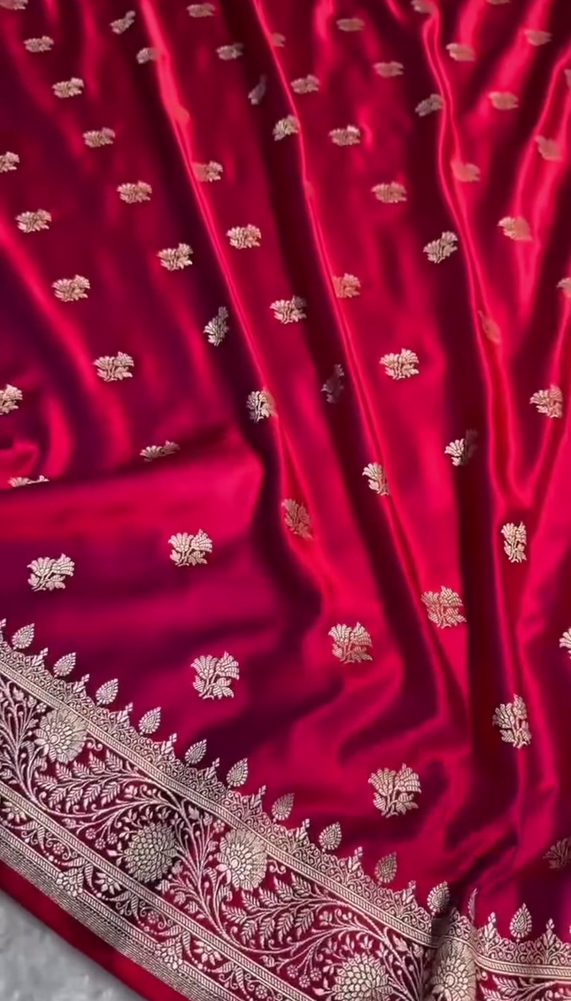 Luxury Red Gold Zari Banarasi Brocade Fabric with Rich Border