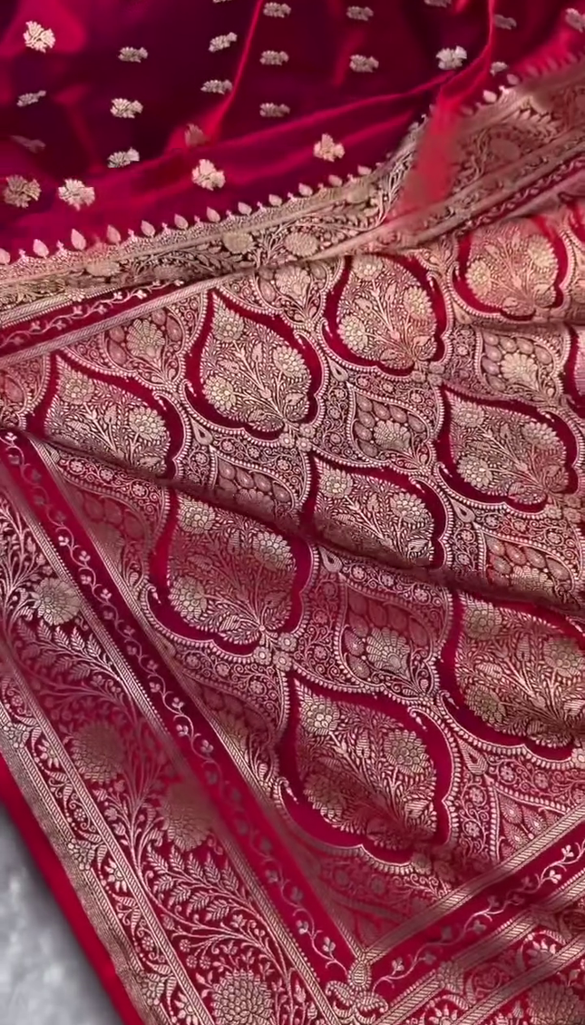 Luxury Red Gold Zari Banarasi Brocade Fabric with Rich Border
