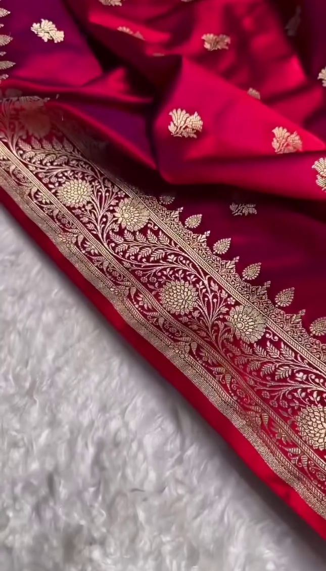 Luxury Red Gold Zari Banarasi Brocade Fabric with Rich Border