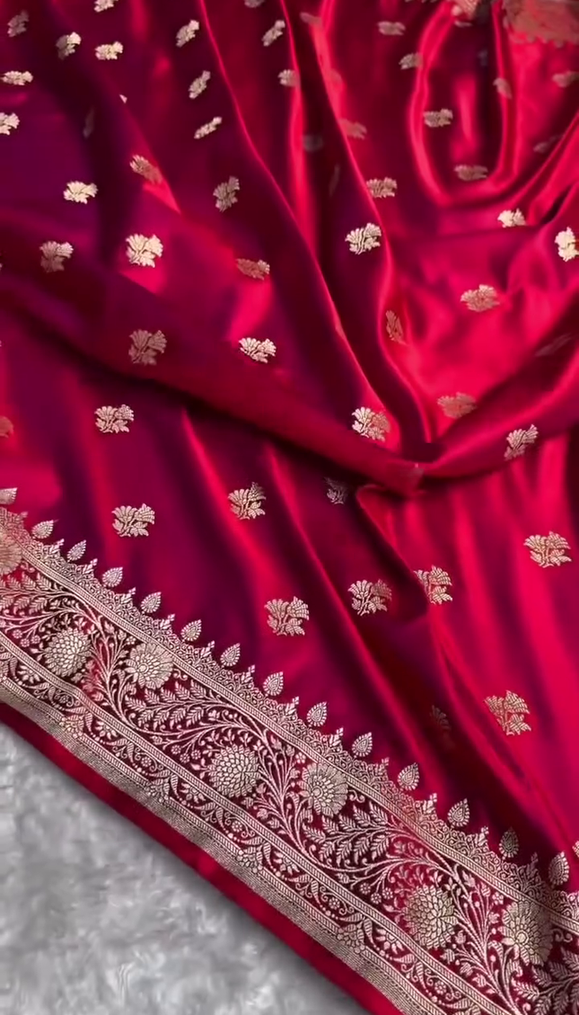 Luxury Red Gold Zari Banarasi Brocade Fabric with Rich Border