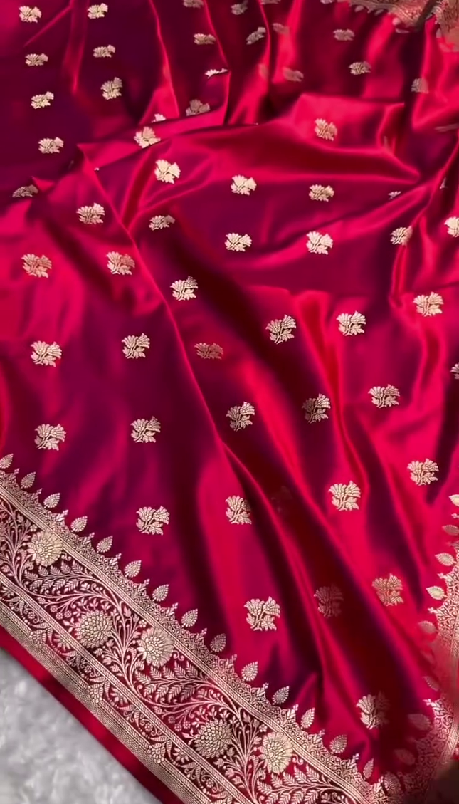 Luxury Red Gold Zari Banarasi Brocade Fabric with Rich Border