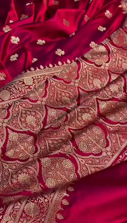 Luxury Red Gold Zari Banarasi Brocade Fabric with Rich Border