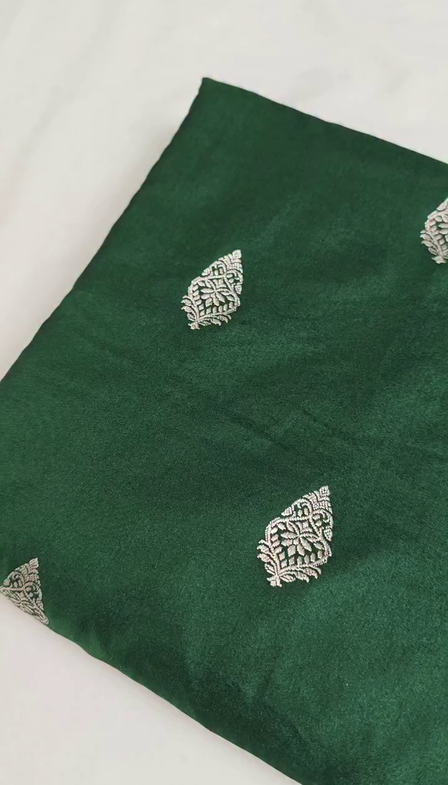Dark Green Silver Zari Buta Brocade Fabric