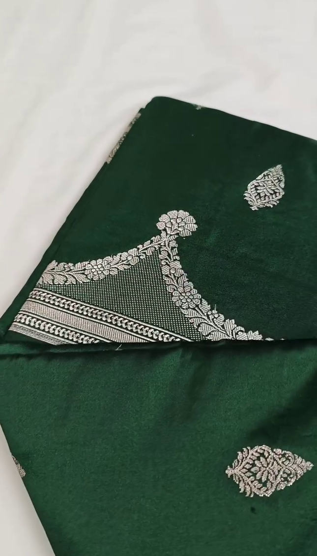 Dark Green Silver Zari Buta Brocade Fabric