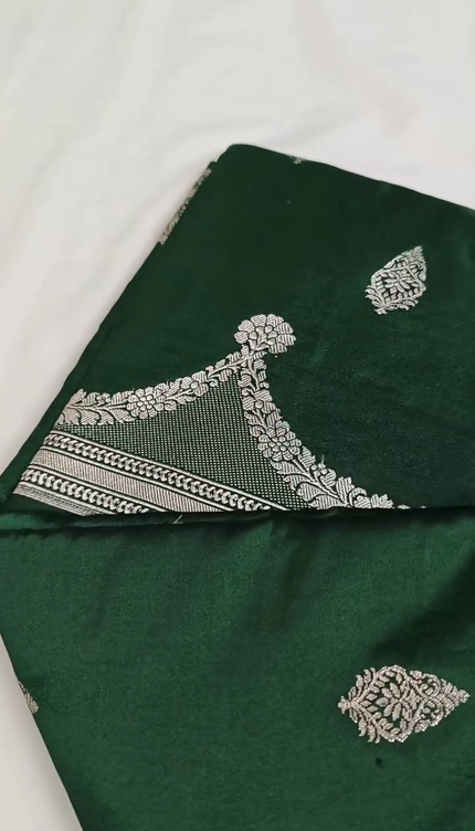 Dark Green Silver Zari Buta Brocade Fabric