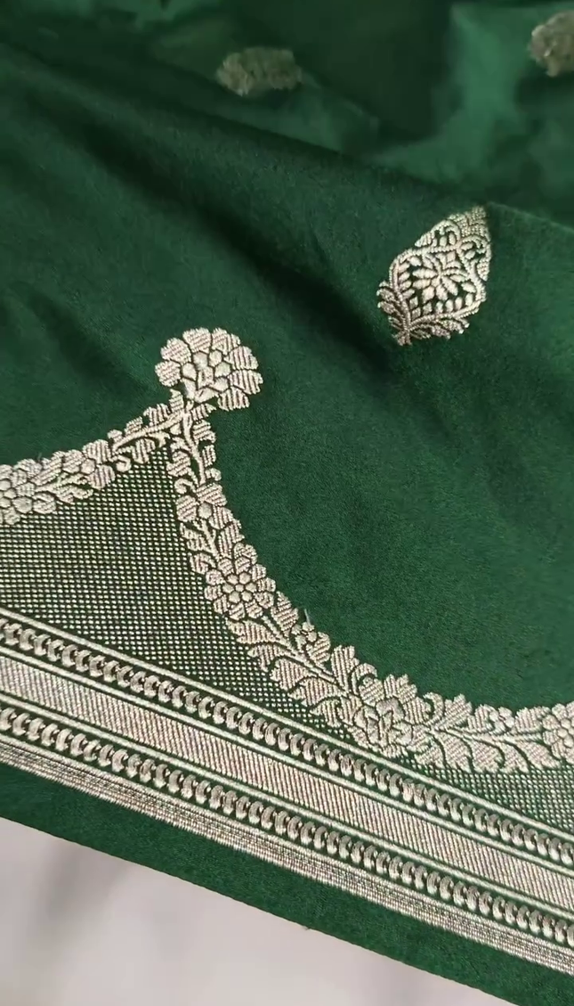 Dark Green Silver Zari Buta Brocade Fabric