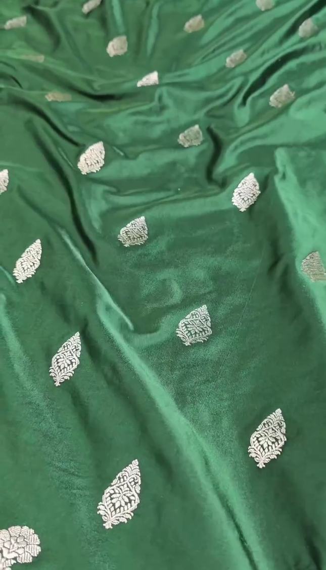 Dark Green Silver Zari Buta Brocade Fabric