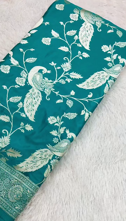 Teal Green Silver Zari Peacock Banarasi Brocade Fabric with Border