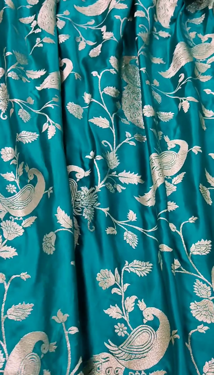 Teal Green Silver Zari Peacock Banarasi Brocade Fabric with Border