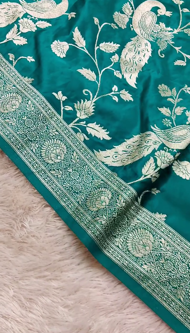Teal Green Silver Zari Peacock Banarasi Brocade Fabric with Border