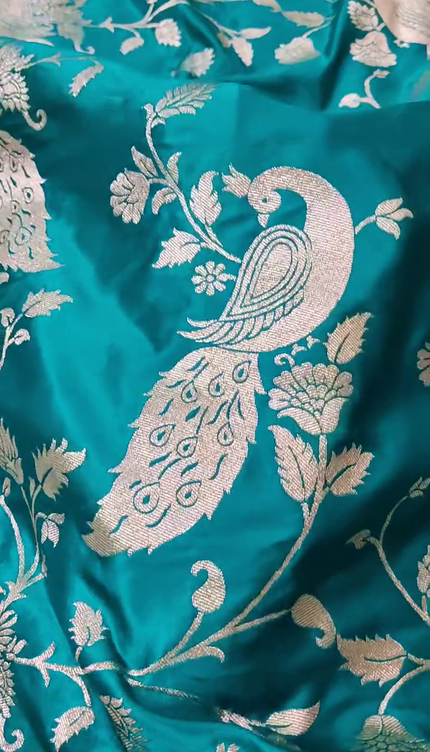 Teal Green Silver Zari Peacock Banarasi Brocade Fabric with Border