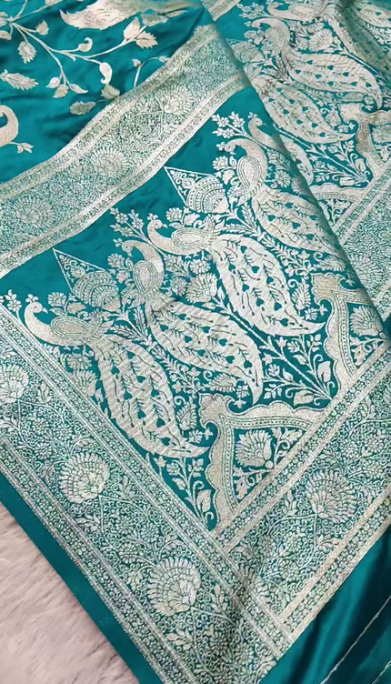 Teal Green Silver Zari Peacock Banarasi Brocade Fabric with Border