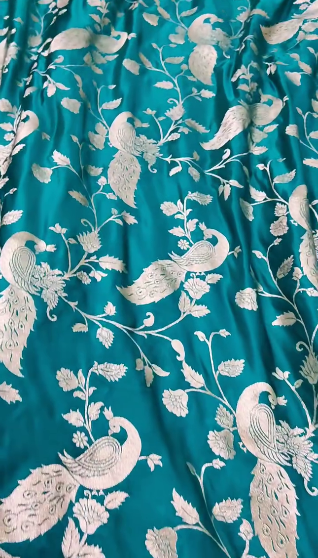Teal Green Silver Zari Peacock Banarasi Brocade Fabric with Border