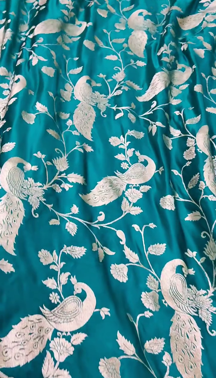 Teal Green Silver Zari Peacock Banarasi Brocade Fabric with Border