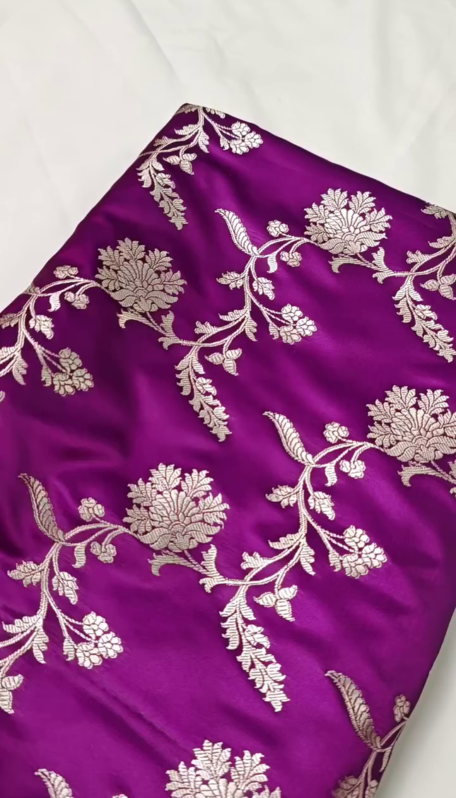 Royal Purple Silver Zari Floral Banarasi Brocade Fabric