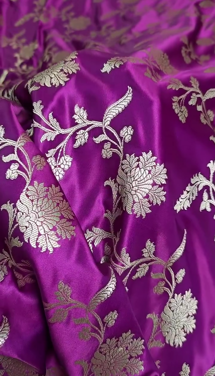 Royal Purple Silver Zari Floral Banarasi Brocade Fabric