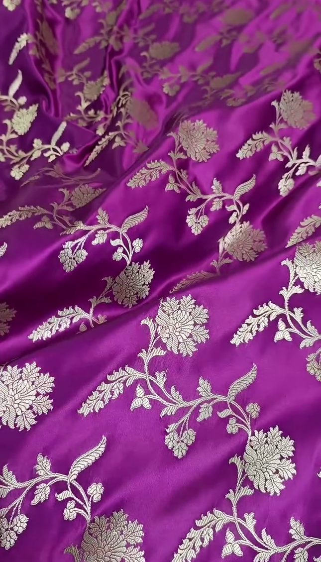 Royal Purple Silver Zari Floral Banarasi Brocade Fabric