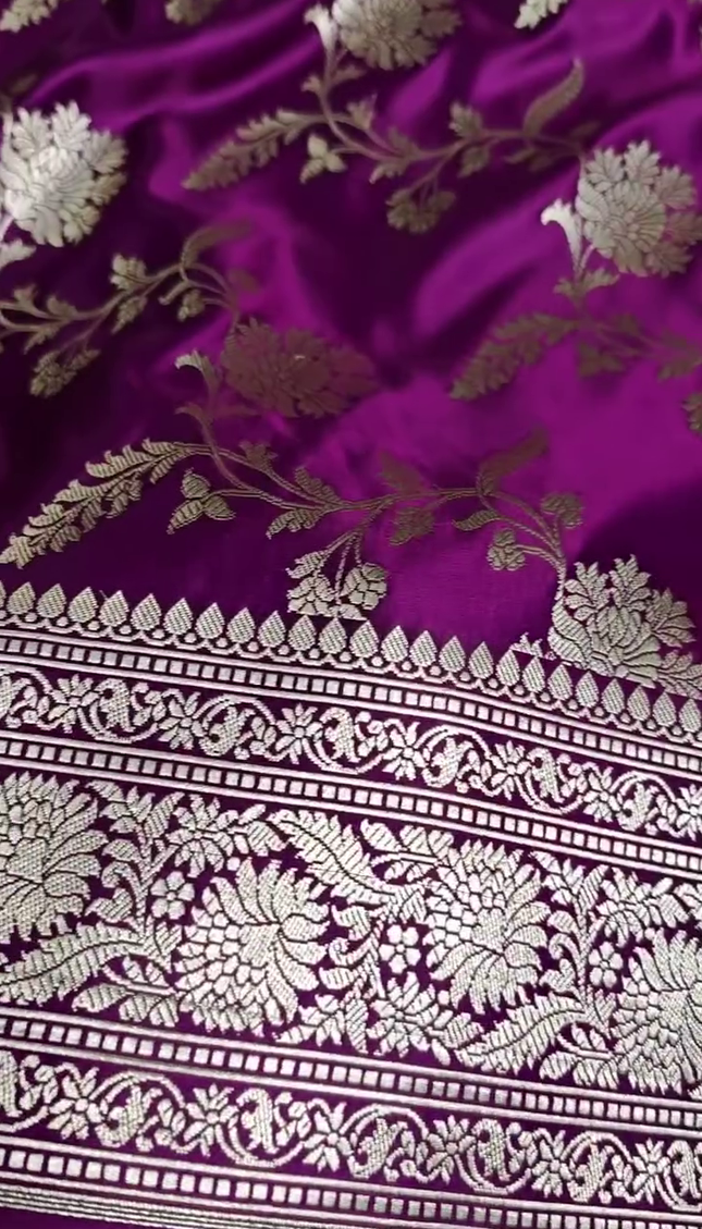 Royal Purple Silver Zari Floral Banarasi Brocade Fabric