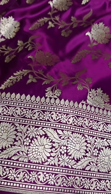 Royal Purple Silver Zari Floral Banarasi Brocade Fabric