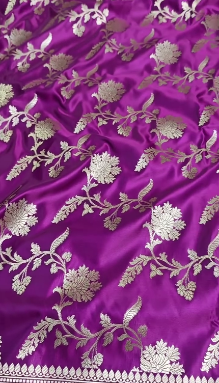 Royal Purple Silver Zari Floral Banarasi Brocade Fabric