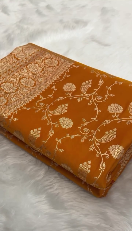 Mustard Gold Zari Floral Banarasi Brocade Fabric with Border