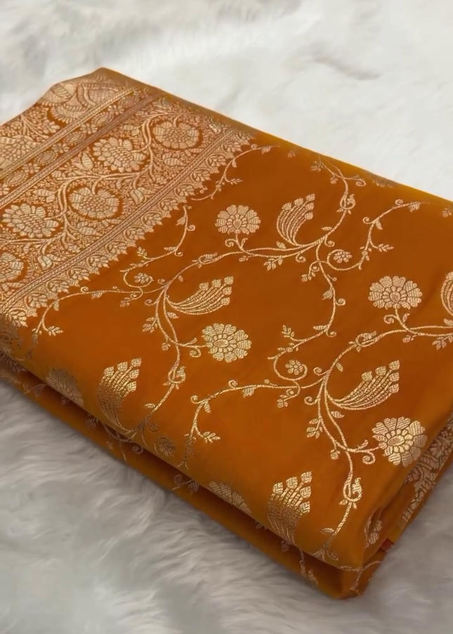 Mustard Gold Zari Floral Banarasi Brocade Fabric with Border