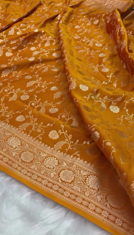 Mustard Gold Zari Floral Banarasi Brocade Fabric with Border