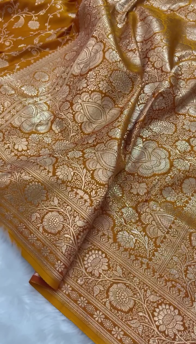Mustard Gold Zari Floral Banarasi Brocade Fabric with Border