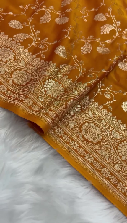 Mustard Gold Zari Floral Banarasi Brocade Fabric with Border