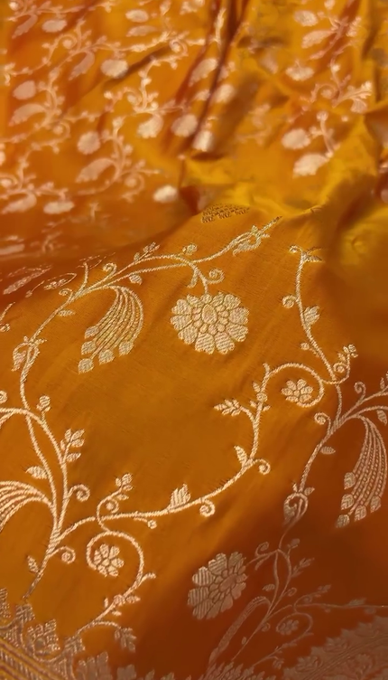 Mustard Gold Zari Floral Banarasi Brocade Fabric with Border