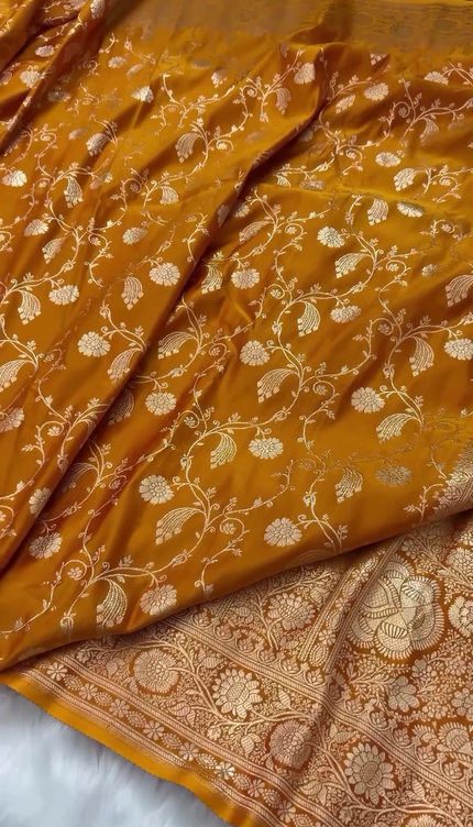 Mustard Gold Zari Floral Banarasi Brocade Fabric with Border