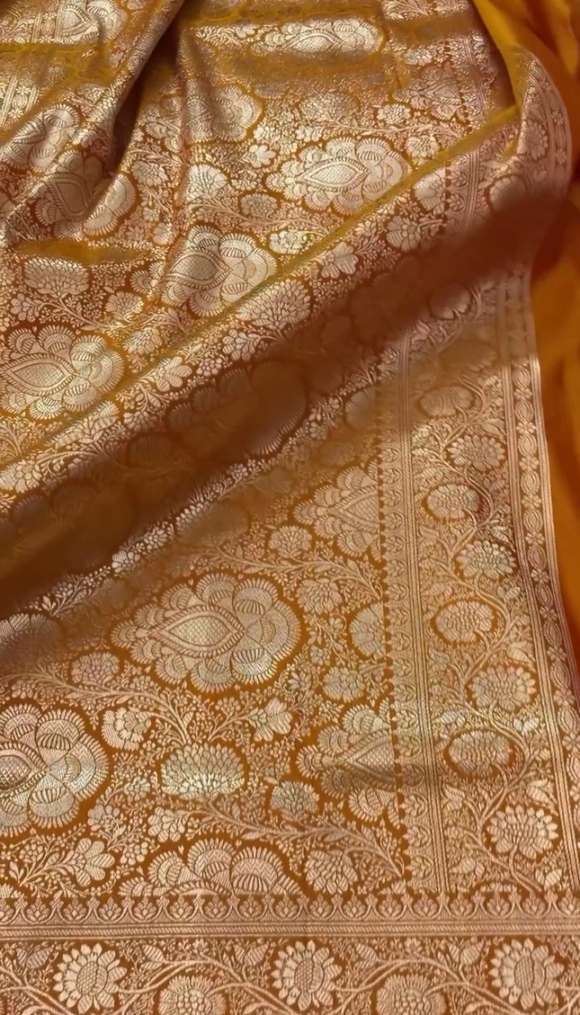 Mustard Gold Zari Floral Banarasi Brocade Fabric with Border