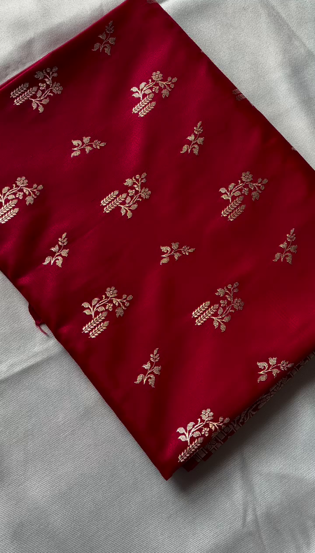 Deep Red Gold Zari Buta Banarasi Brocade Fabric with Border