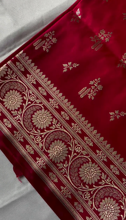 Deep Red Gold Zari Buta Banarasi Brocade Fabric with Border