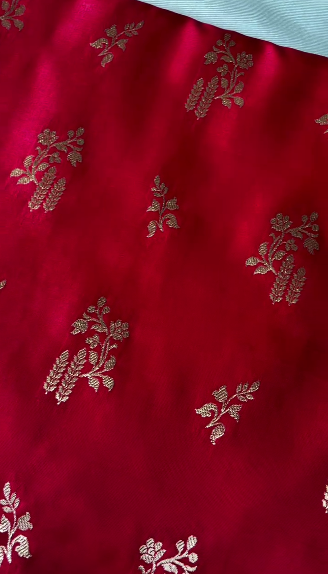 Deep Red Gold Zari Buta Banarasi Brocade Fabric with Border