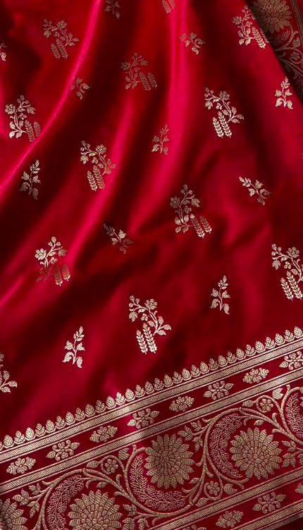 Deep Red Gold Zari Buta Banarasi Brocade Fabric with Border