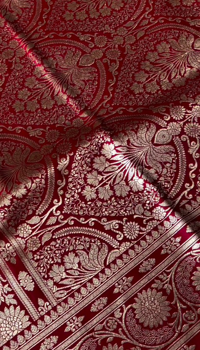 Deep Red Gold Zari Buta Banarasi Brocade Fabric with Border