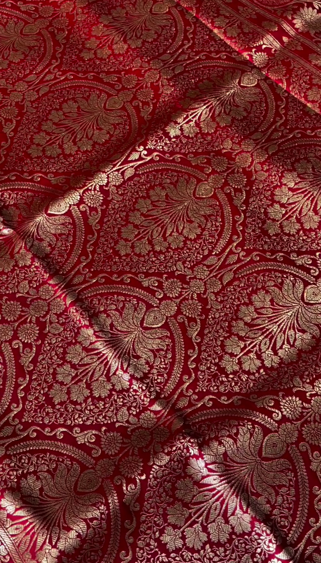 Deep Red Gold Zari Buta Banarasi Brocade Fabric with Border