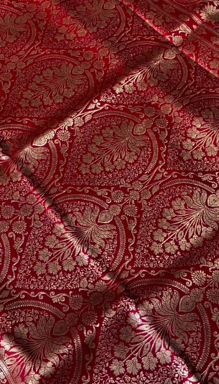 Deep Red Gold Zari Buta Banarasi Brocade Fabric with Border