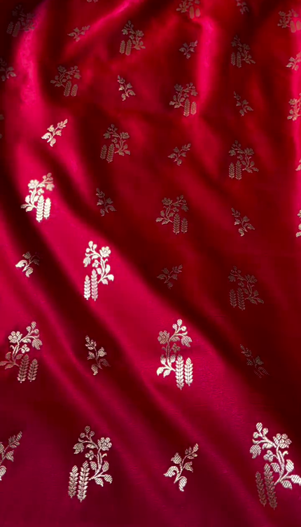Deep Red Gold Zari Buta Banarasi Brocade Fabric with Border