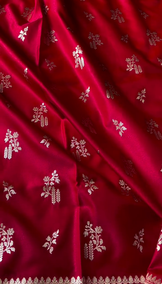 Deep Red Gold Zari Buta Banarasi Brocade Fabric with Border