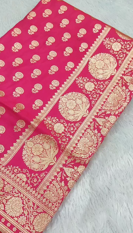 Rani Pink Gold Zari Banarasi Brocade Fabric with Heavy Border