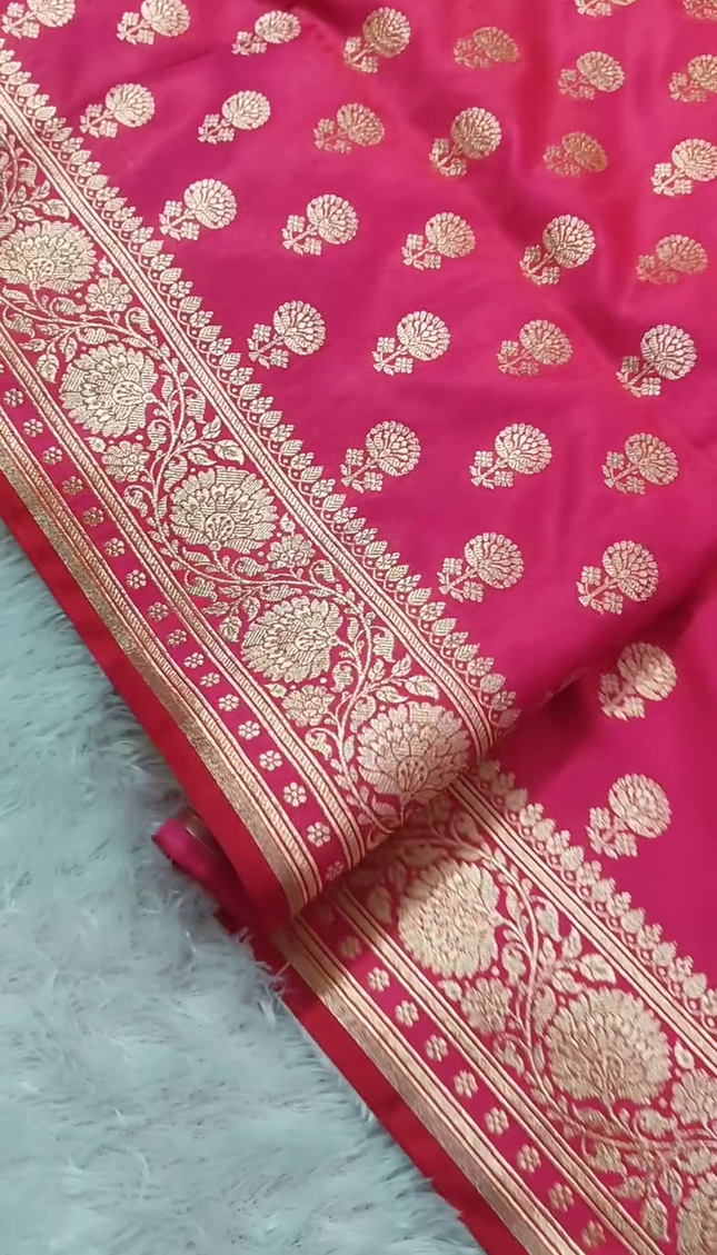 Rani Pink Gold Zari Banarasi Brocade Fabric with Heavy Border