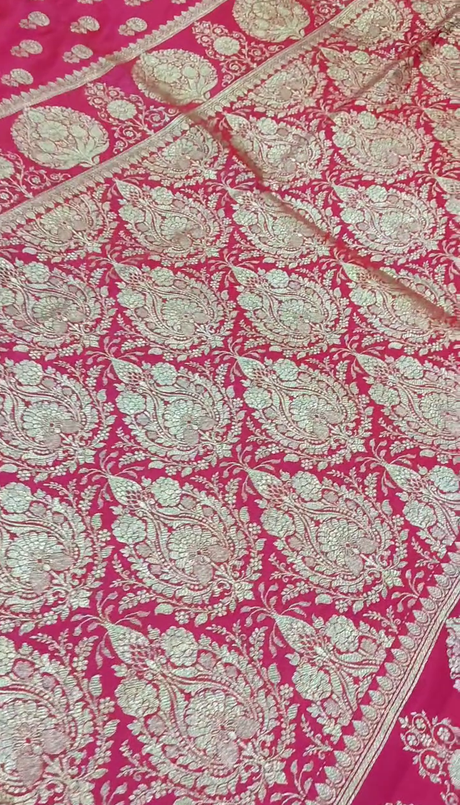 Rani Pink Gold Zari Banarasi Brocade Fabric with Heavy Border