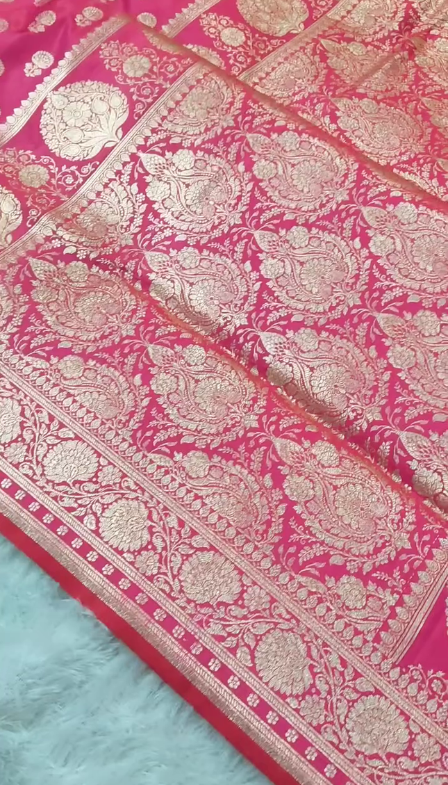 Rani Pink Gold Zari Banarasi Brocade Fabric with Heavy Border