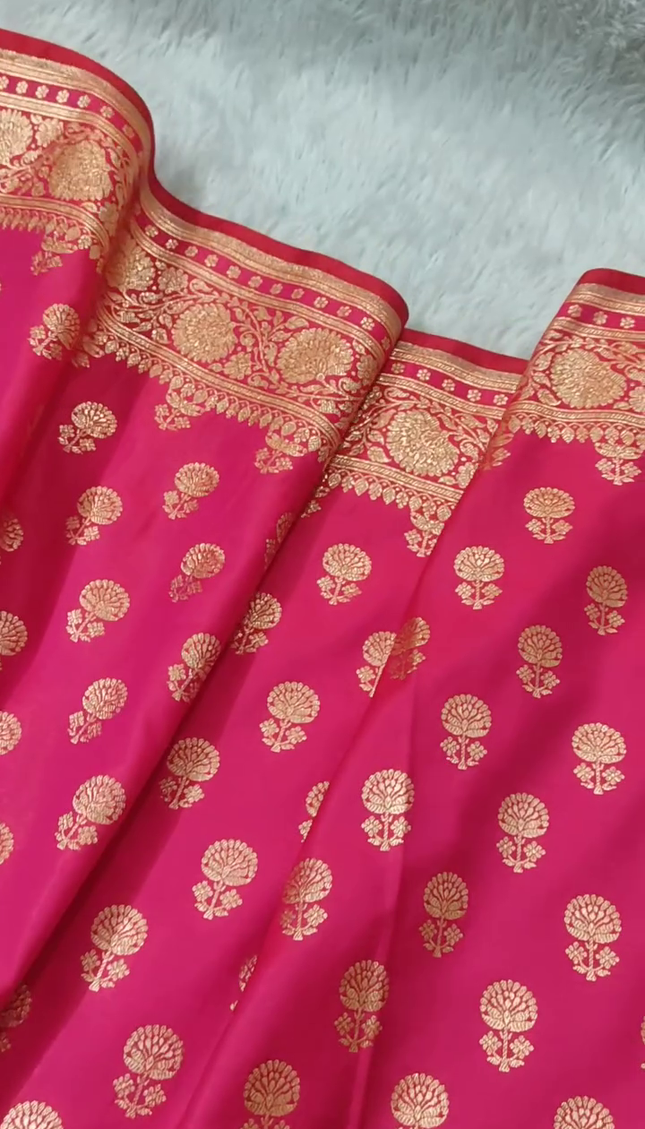 Rani Pink Gold Zari Banarasi Brocade Fabric with Heavy Border